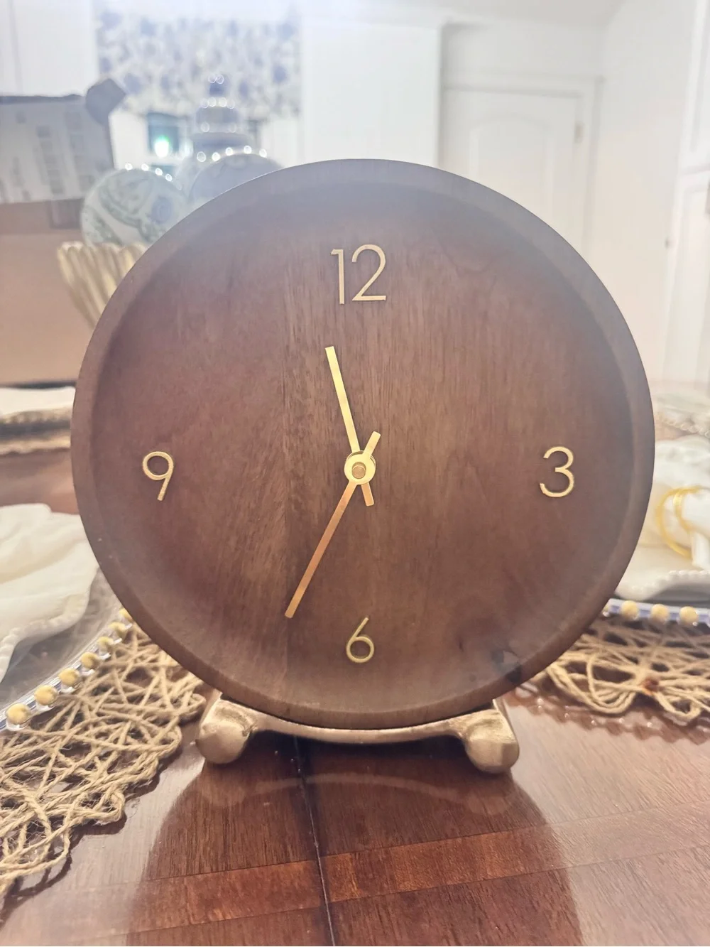 Wooden Round Table Clock in Brown with Gold Accents